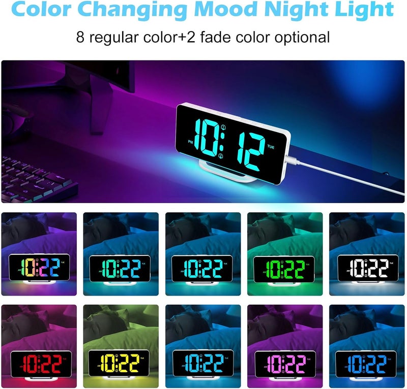 ALANAS RGB Digital Alarm Clock, Color Changing Mood Light with 10 Colors, Dual Alarm with Snooze, Dimmable Display, USB Charger, Adjustable Volume, Plug in, Bedroom Desk Clock for Teens, Adults - Image 4